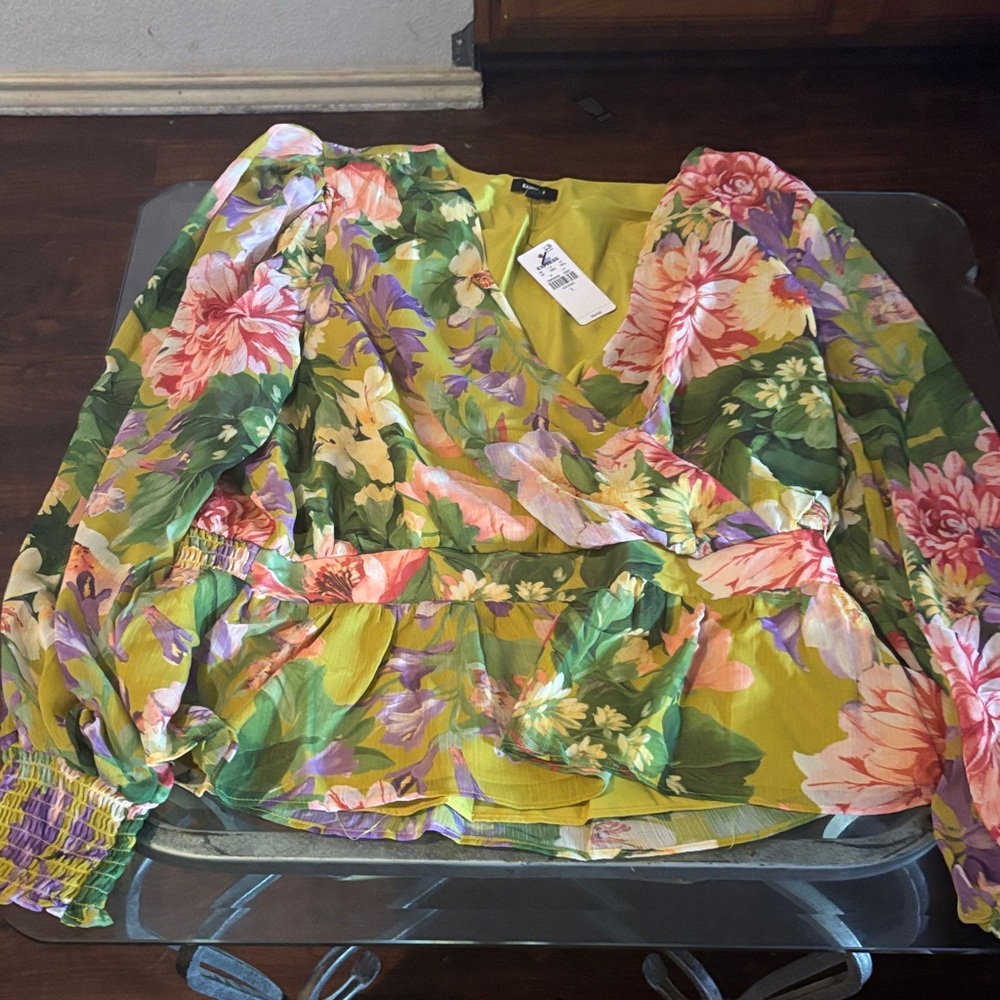 Express Vibrant Floral Wrap Blouse - Green and Pink